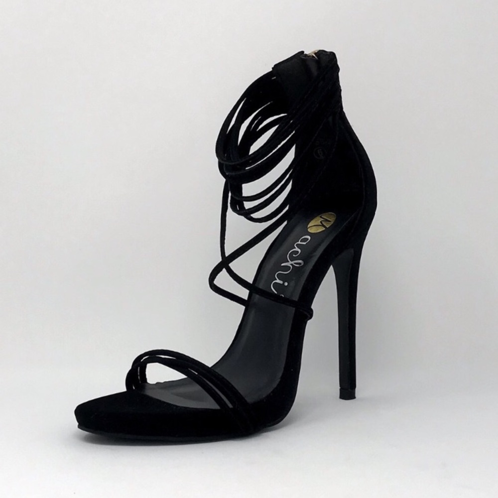 Vegan Suede Open Toe Black Heel Size 6